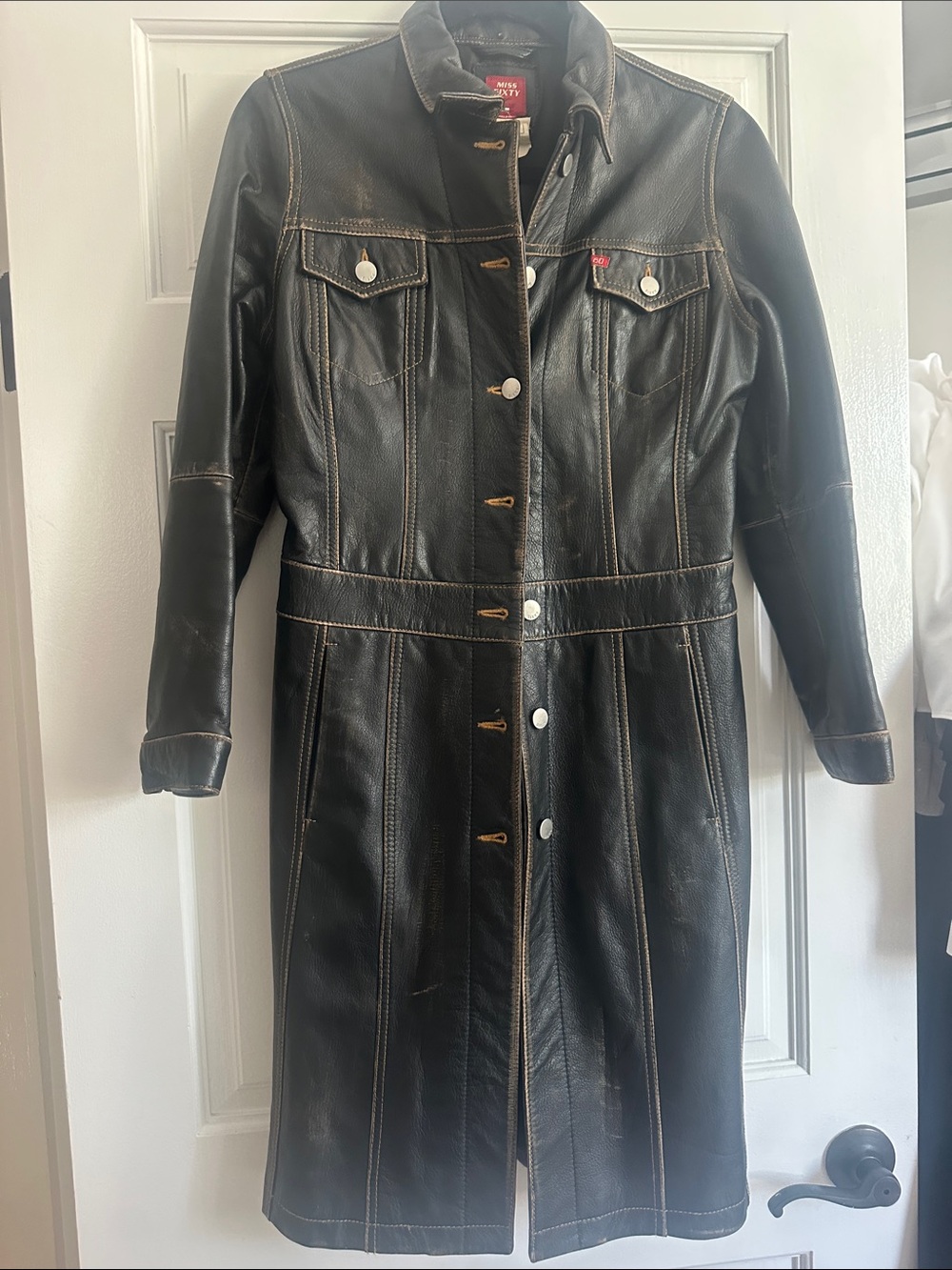 Levi's Black Long Leather Coat with Contrast Stitching